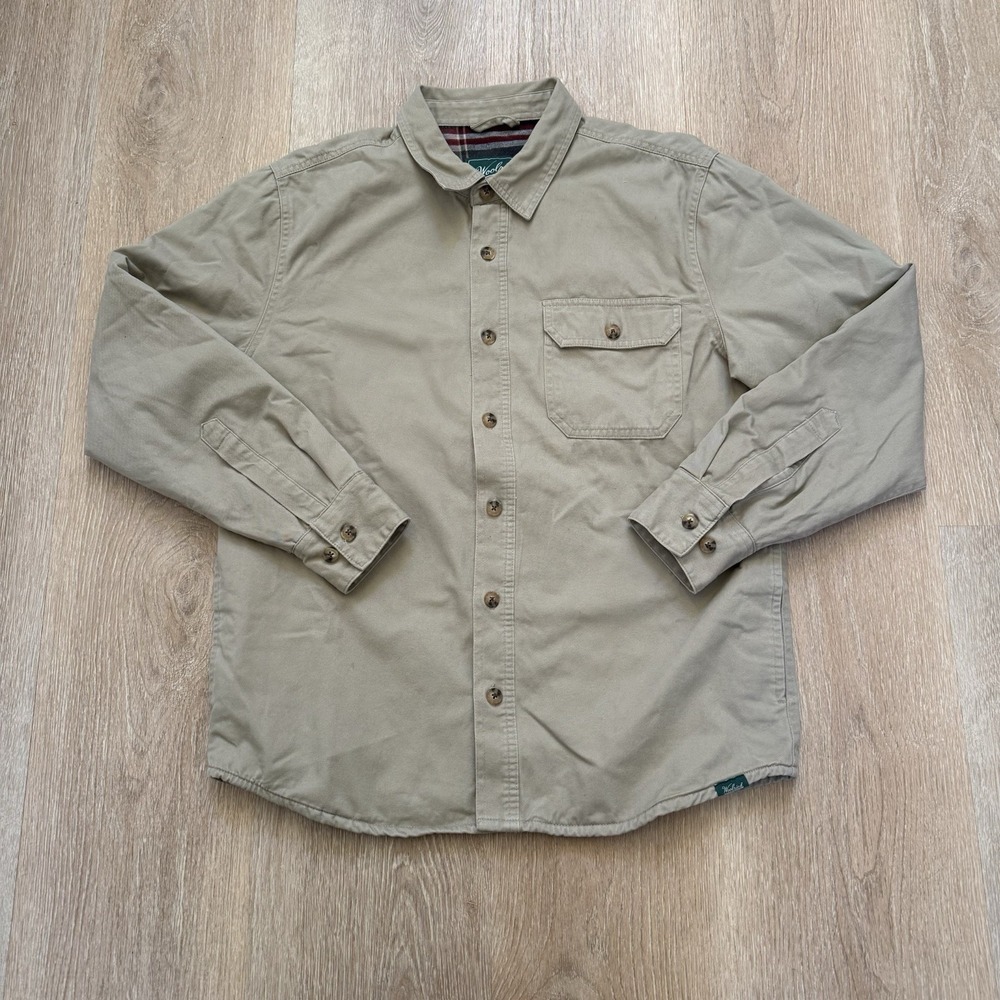 Woolrich Shacket Men Medium Tan Flannel Lined‎ Button Up Jacket Shirt Outdoor